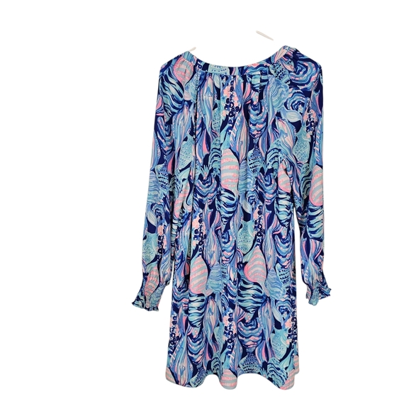 Lilly Pulitzer Brynle Twitlight Blue Scale Up Shift Dress Long Sleeve Vneck - Picture 2 of 7